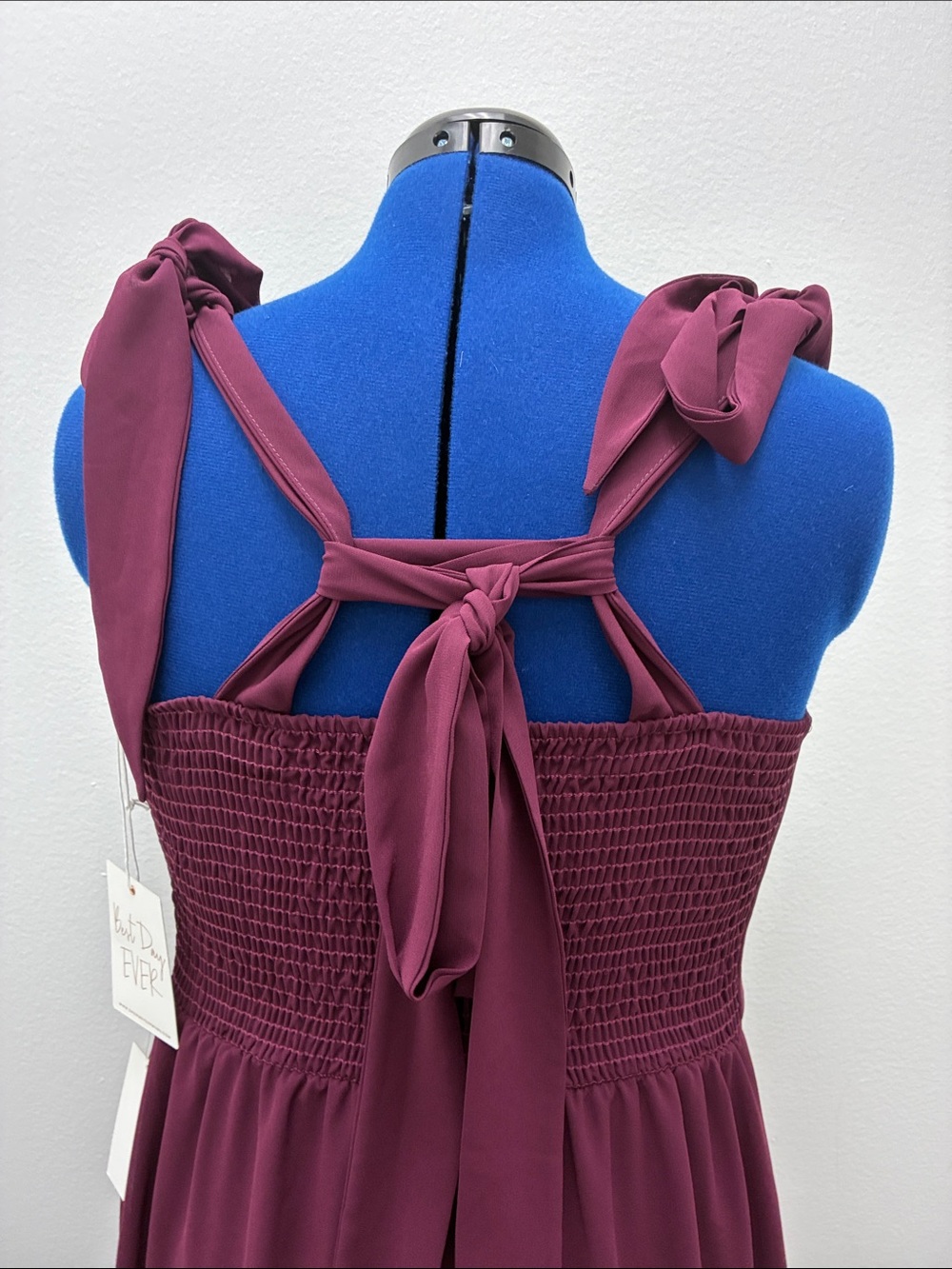 Women's Burgundy Tie-Shoulder Square-Neck Maxi Bridesmaid Dress - Picture 9 of 14